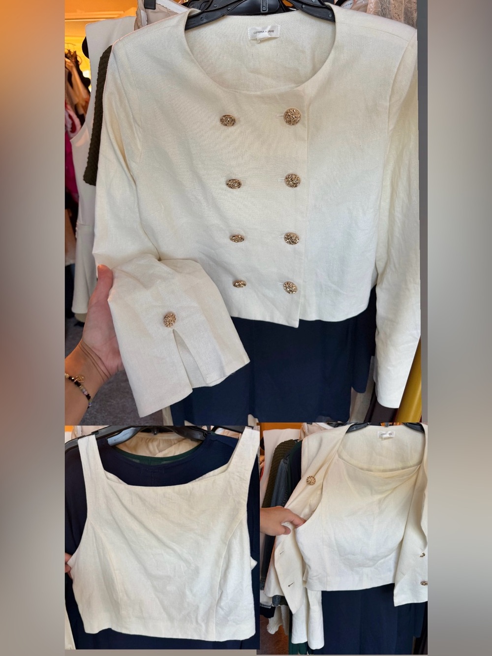 Anthropologie Gemma + Jane- 2 piece SET ivory gold button Blazer jacket & top